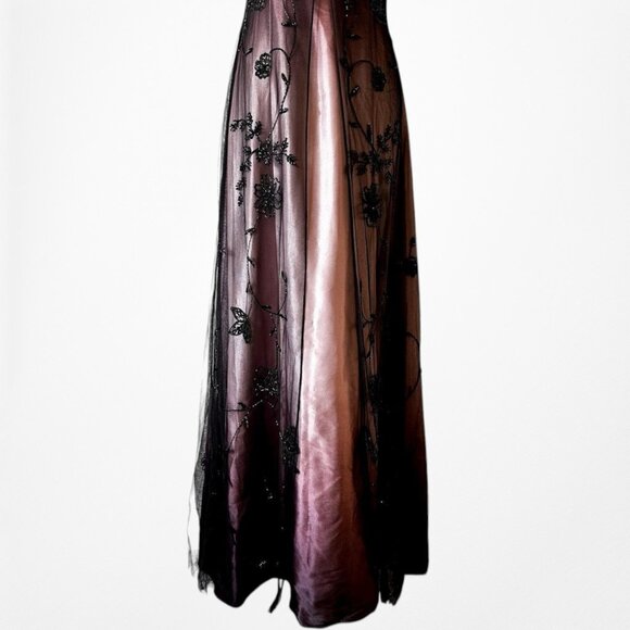 Vintage Plum Brown Floral Beaded Satin Gradient Mesh Maxi Prom Dress Size S - Picture 8 of 11